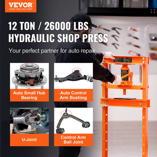 VEVOR Hydraulic Shop Press, 12 Ton H-Frame Hydraulic Garage Shop Floor Press, Adjustable Shop Press With Press Plates, Heavy Duty Hydraulic Press For Garage, Shop, Workshop