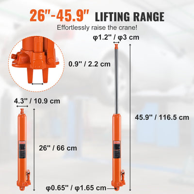 Hydraulic Long Ram Jack, 8 Ton Engine Hoist Cylinder With Single Piston Pump And Clevis Base, Hydraulic Ram Cylinder For Engine Lift Hoists, Hydraulic Garage/Shop Cranes, Mechanical, Farm