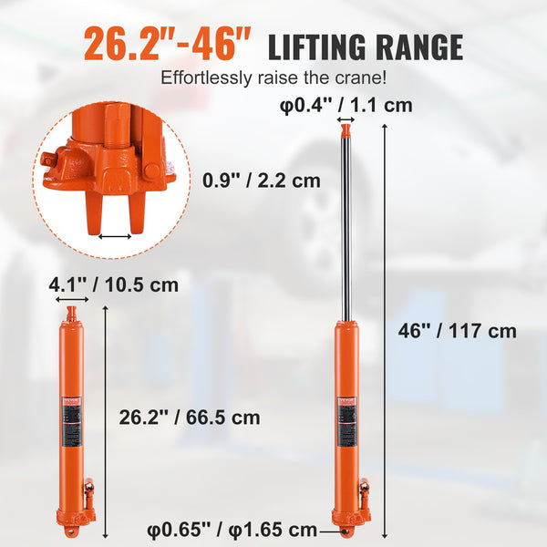Hydraulic Long Ram Jack, 3 Ton Engine Hoist Cylinder With Single Piston Pump And Clevis Base, Hydraulic Ram Cylinder For Engine Lift Hoists, Hydraulic Garage/Shop Cranes, Mechanical, Farm