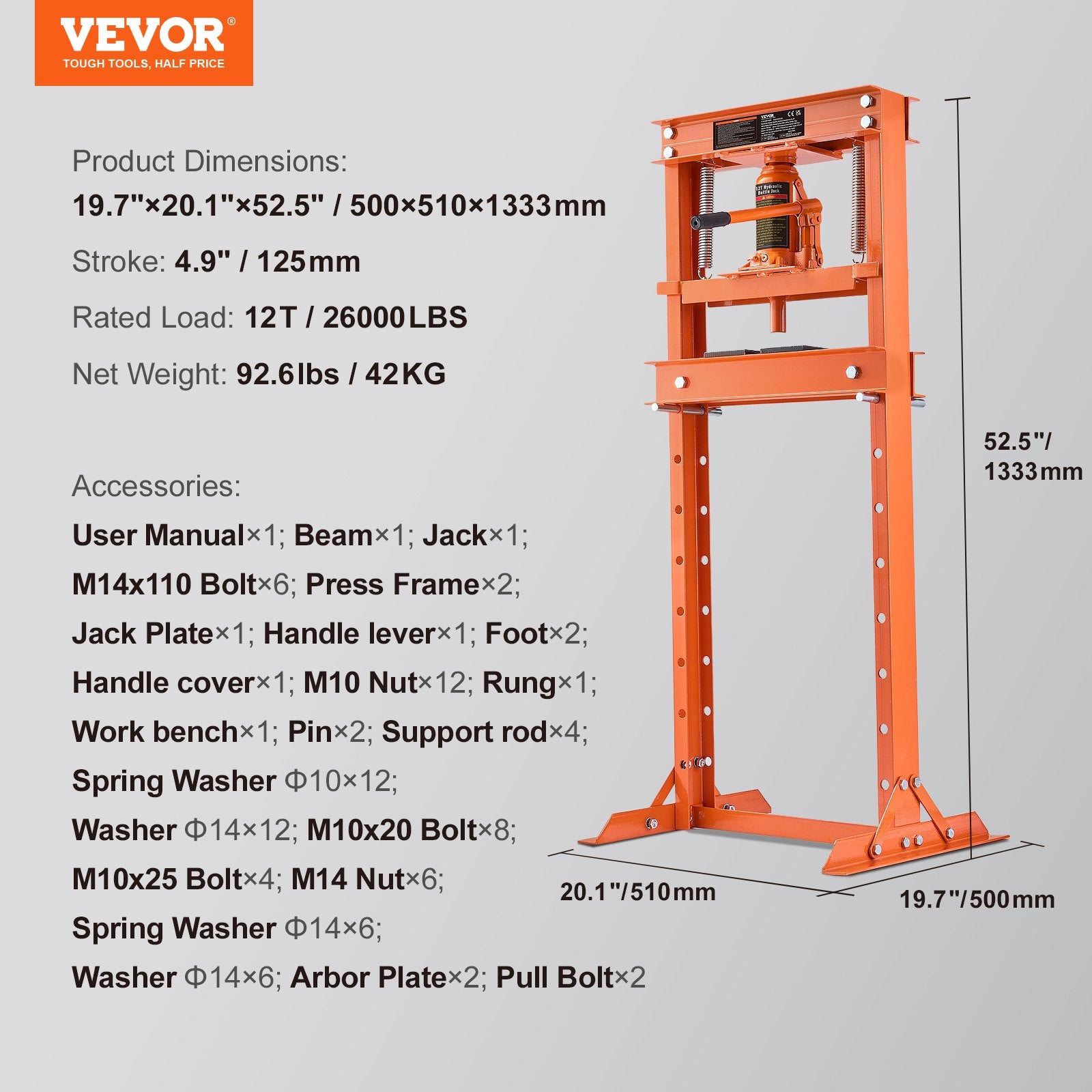 VEVOR Hydraulic Shop Press, 12 Ton H-Frame Hydraulic Garage Shop Floor Press, Adjustable Shop Press With Press Plates, Heavy Duty Hydraulic Press For Garage, Shop, Workshop