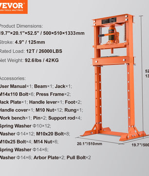 VEVOR Hydraulic Shop Press, 12 Ton H-Frame Hydraulic Garage Shop Floor Press, Adjustable Shop Press With Press Plates, Heavy Duty Hydraulic Press For Garage, Shop, Workshop