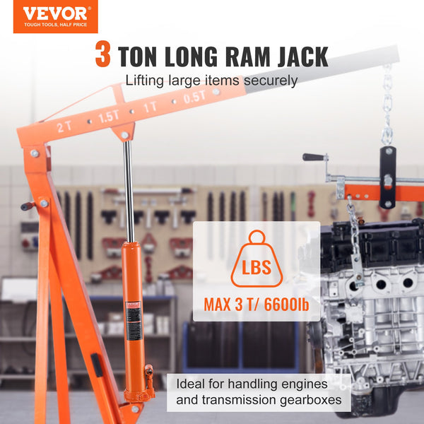 Hydraulic Long Ram Jack, 3 Ton Engine Hoist Cylinder With Single Piston Pump And Clevis Base, Hydraulic Ram Cylinder For Engine Lift Hoists, Hydraulic Garage/Shop Cranes, Mechanical, Farm
